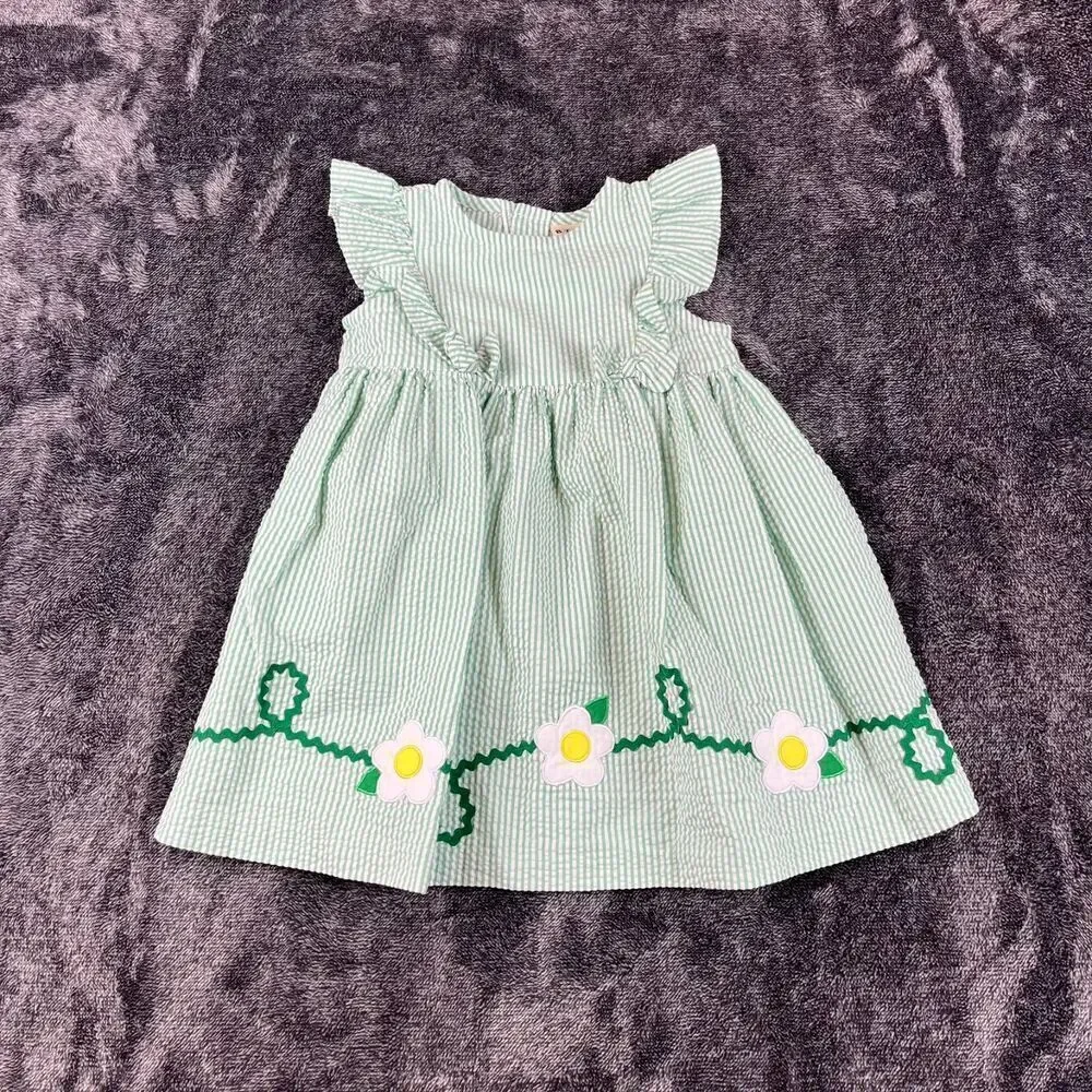 Vtg B.T. Kids Seersucker Striped Dress Embroidered Girls 2T Ruffle Floral *Read